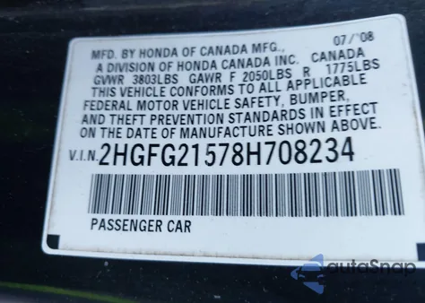 2008 Honda Civic Si from USA, damaged, VIN 2HGFG21578H708234